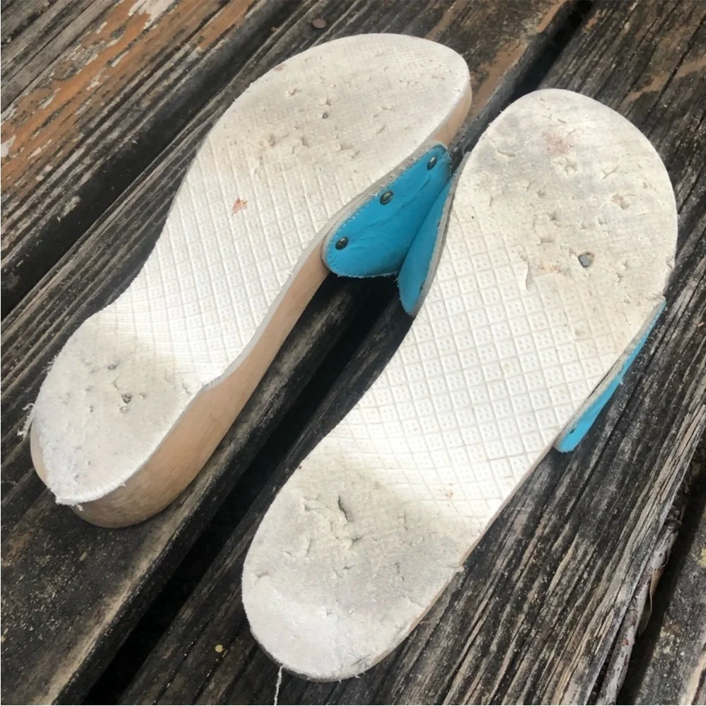 Dr Scholls Aqua Blue Wood Leather Exercise Sandals Sz 8 Slip On Vintage 70s 80s
